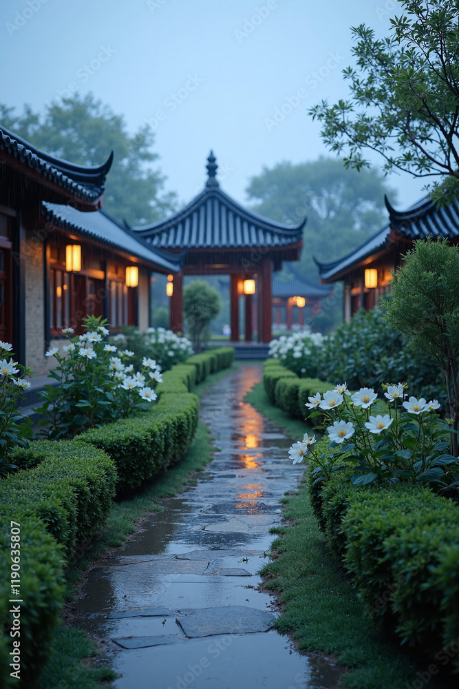 Photograph of a serene, misty Japanese garden path lined with lanterns, lush greenery, and traditional wooden buildings. Photograph of a serene, misty Japanese garden path lined with lanterns, lush greenery, and traditional wooden buildings.