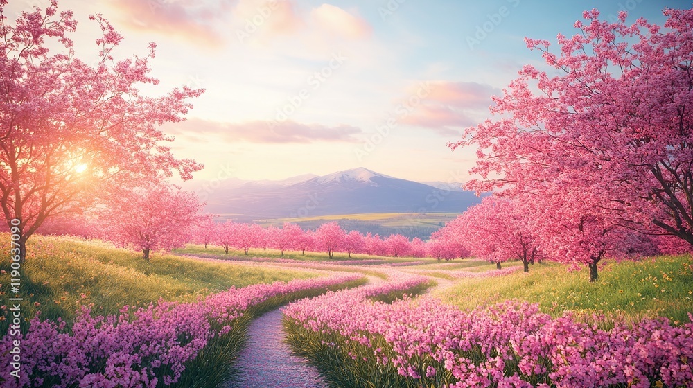 Serene sunrise over blooming pink cherry trees and wildflowers, winding path leading to mountains.