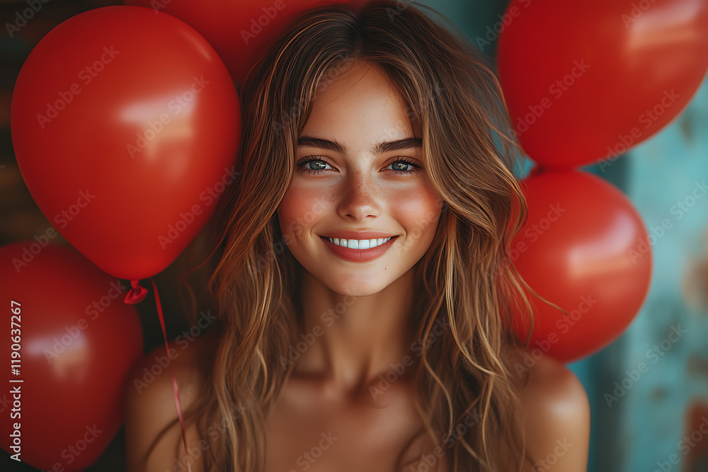  A woman holding red heart-shaped air balloons, creating a romantic and cheerful atmosphere