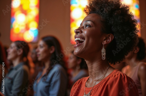 Joyful woman singing hymns during a church service photo