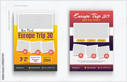 Set of Travel company flyer template. During summer beach holidays, traveling agency businesses offer promotions, such as tourism advertisement cover design.