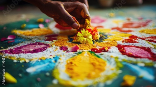 A dynamic shot of a vibrant rangoli design being created with flower petals and colored powders