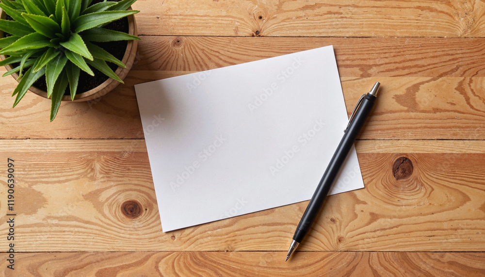 Business card mockup on wooden table with pen and plant, workplace setup Business card mockup on wooden table with pen and plant, workplace setup