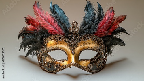  Venetian mask in gold and black with intricate filigree patterns and metallic swirls extending outward, exuding elegance and mystery for masquerade events or cultural celebrations. photo