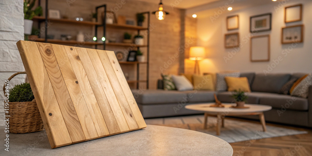 Fototapeta premium Stylish Wooden Board Placed Against a Living Room Background for Cozy Decor