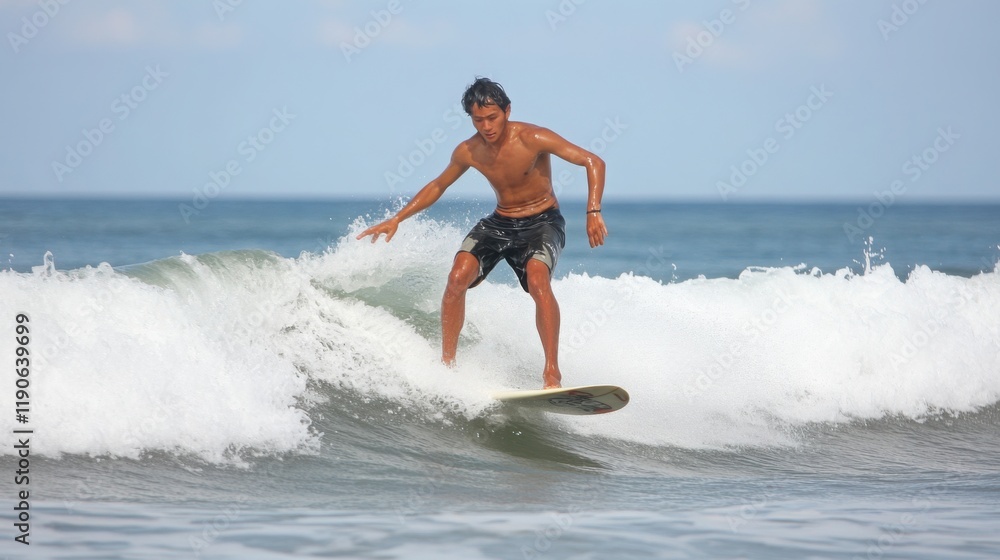 Skilled Surfer Balancing on a Surfboard While Riding Ocean Waves Against a Clear Blue Sky and Beautiful Seascape During a Sunny Day at the Beach