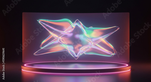 Iridescent Abstract Form on Neon Lit Platform Futuristic Design