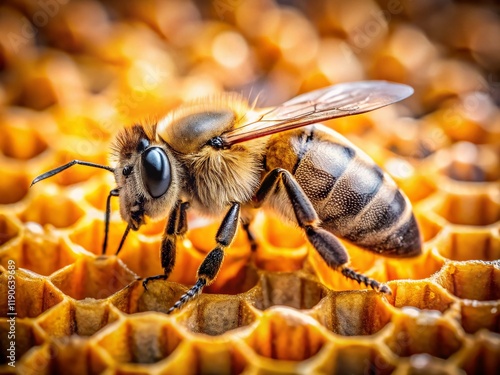 Wallpaper Mural Macro Photography: Honey Bee on Honeycomb - Detailed Close-Up Torontodigital.ca