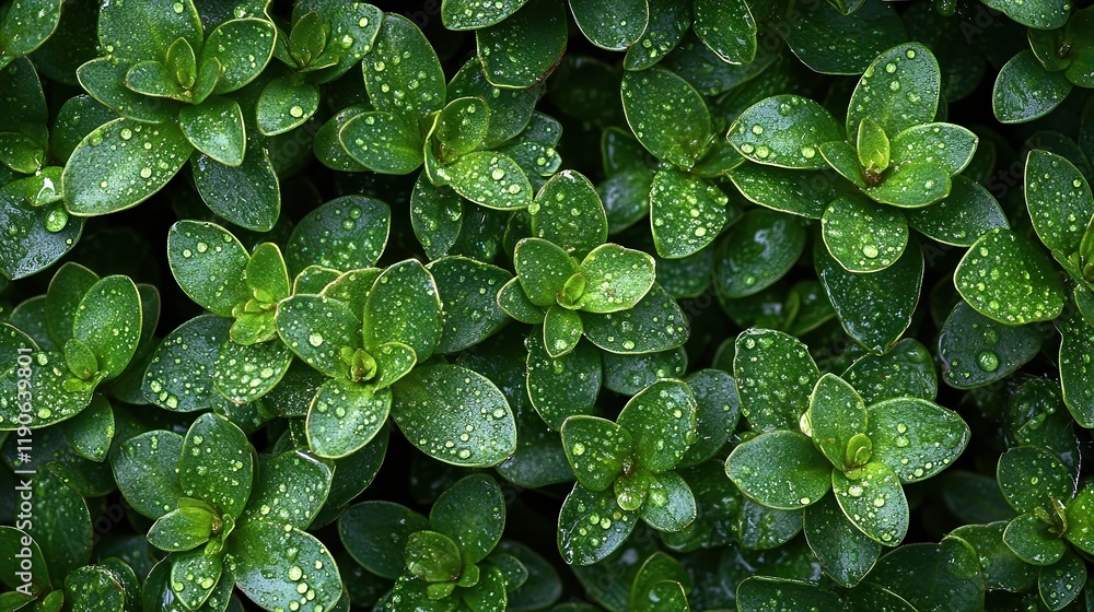 Fototapeta premium Fresh morning dew drops delicately clinging to the vibrant green leaves of a plant, capturing a serene and natural moment in detail.