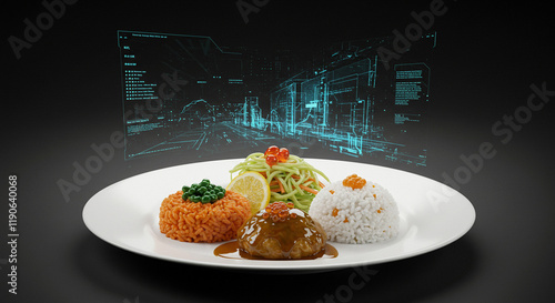 Futuristic Food Plate Digital Cityscape Gourmet Meal Rice Meat Vegetables