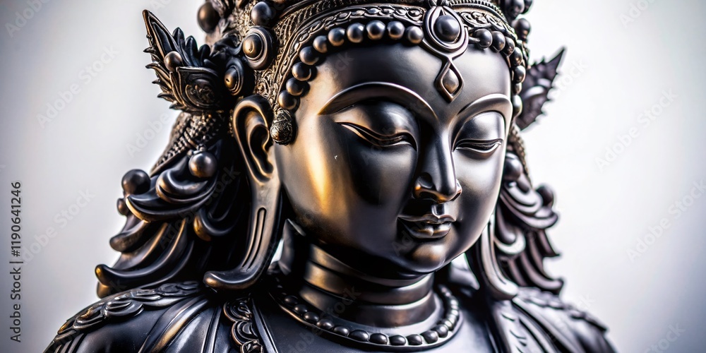 Fototapeta premium Macro Photography of Black Guanyin Statue on White Background - Detailed Close-Up