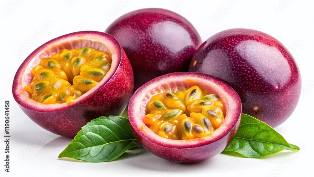 Macro Photography of Purple Passion Fruit: Whole, Cut, and Wedged with Pulp Isolated on White