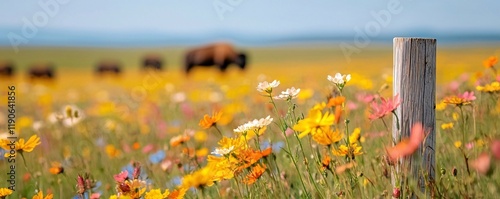 Wildflowers and Bison in a Summer Meadow
