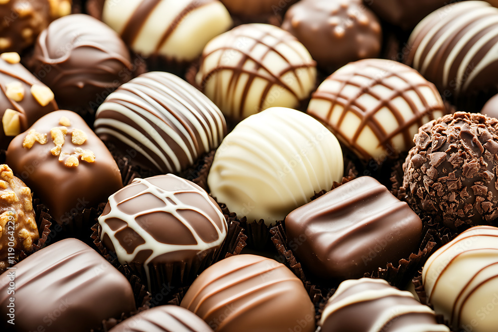 Various chocolates arranged beautifully, featuring assorted shapes and flavors, perfect for dessert presentations, branding, or confectionery advertisements. Various chocolates arranged beautifully, featuring assorted shapes and flavors, perfect for dessert presentations, branding, or confectionery advertisements.