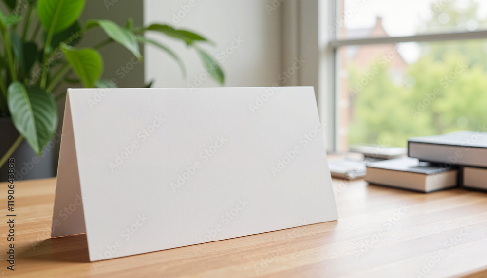 Upright blank card on wooden desk with natural light, simple mockup Upright blank card on wooden desk with natural light, simple mockup