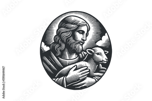 Antique style oval emblem of Jesus with a lamb, black and white engraving