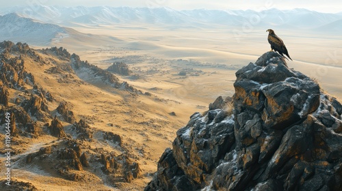 A golden eagle perched on a rocky crag overlooking the steppes of Mongolia photo