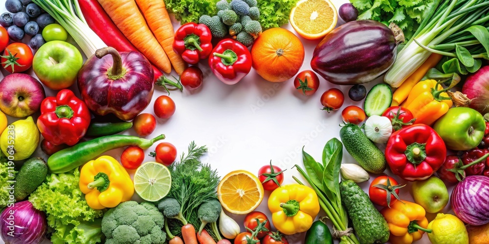 Colorful Flat Lay of Fresh Ripe Vegetables and Fruits on White Background Colorful Flat Lay of Fresh Ripe Vegetables and Fruits on White Background
