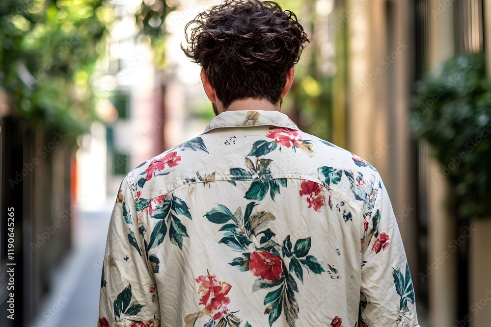 Fototapeta premium Man in Floral Shirt Walking Down City Street