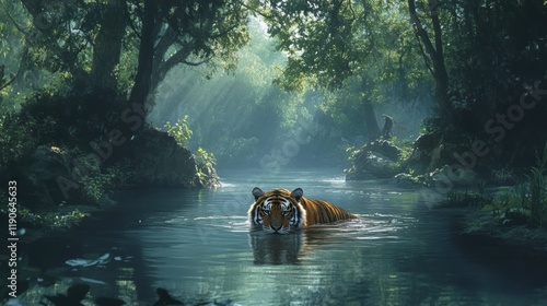 A hauntingly beautiful Bengal tiger swimming silently in a murky forest river