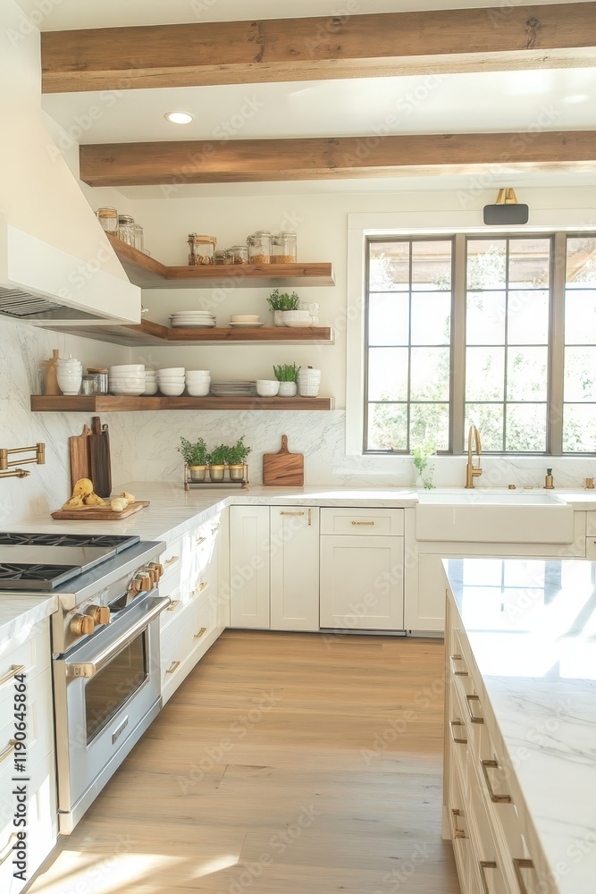 custom made wallpaper toronto digitalA minimalist kitchen with white cabinets, open shelving, and a marble countertop, illuminated by natural light