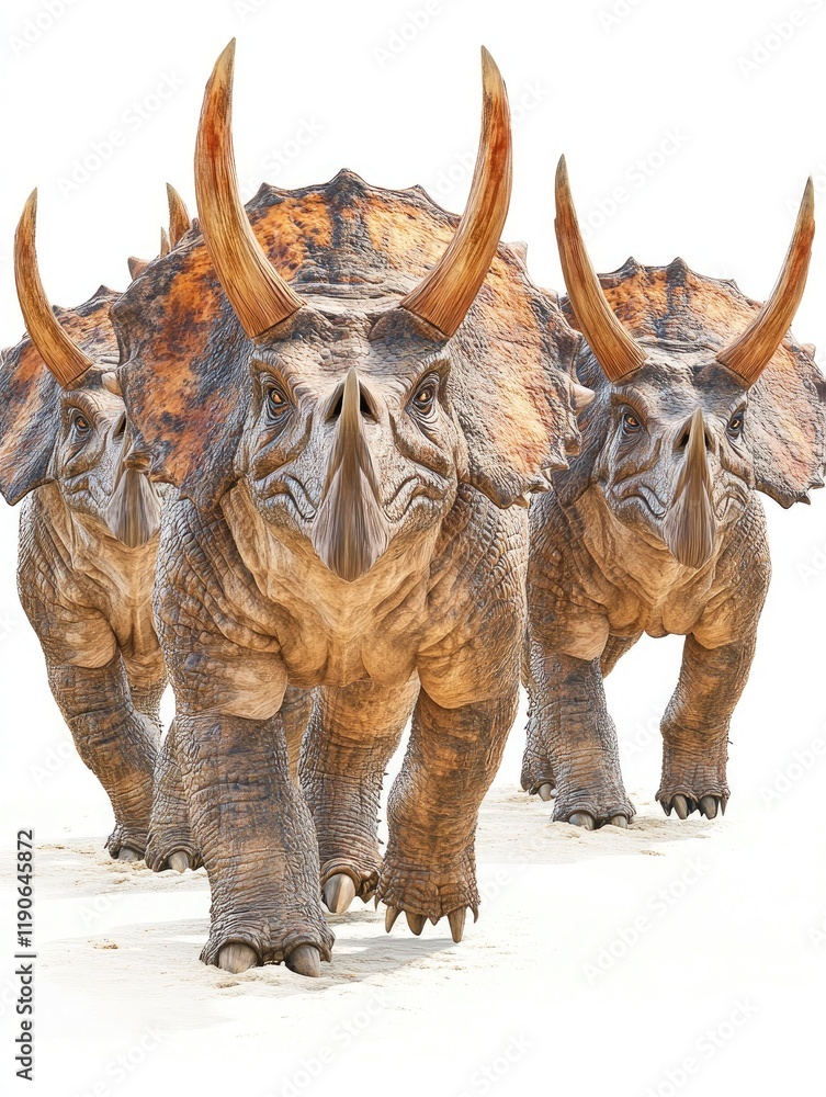 Fototapeta premium Three Triceratops Walking Forward on White Background, Majestic Dinosaurs in Motion.