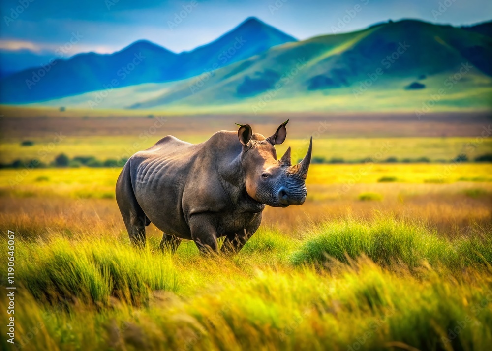 Obraz premium Majestic Black Rhino in Ngorongoro Crater, Tanzania - Tilt-Shift Photography