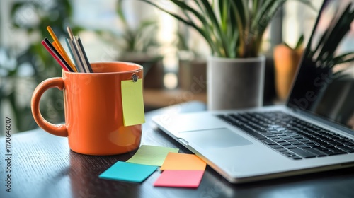 A modern clipart of a laptop stand with a coffee mug and sticky notes for productivity themes