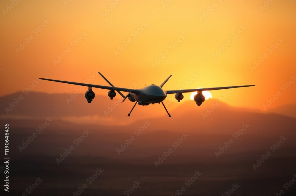 Futuristic drone plane glides gracefully over a desert landscape during a vibrant sunset, showcasing advanced aerial capabilities and technological innovation Futuristic drone plane glides gracefully over a desert landscape during a vibrant sunset, showcasing advanced aerial capabilities and technological innovation