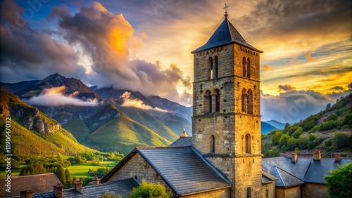 Majestic Church Tower in Arties, Vall d'Aran, Catalonia, Spain - Scenic Portrait Photography photo