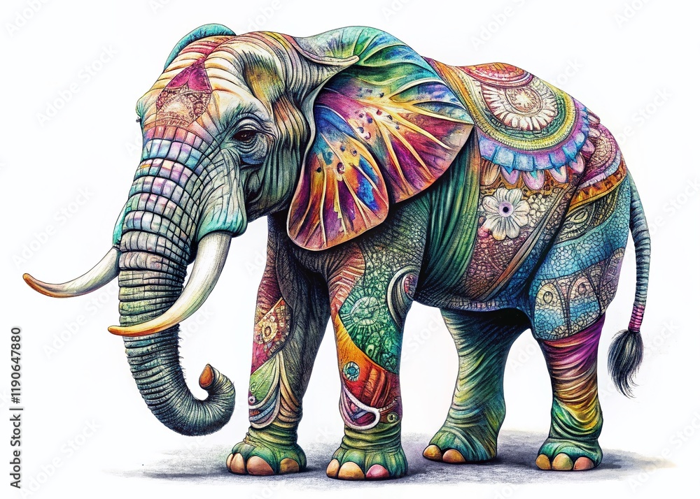 Obraz premium Majestic Elephant Ink Sketch: Full-Length Aerial View Hand-Drawn Illustration on White Background