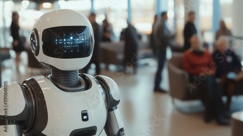 Humanoid robot showcases the future of automation in a bustling indoor waiting area. global robotization photo