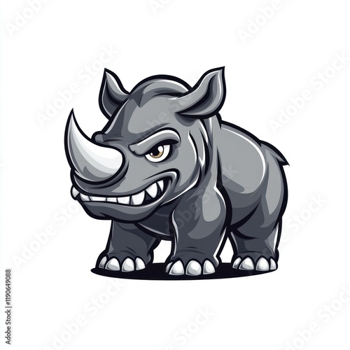 Grumpy rhino cartoon, white background, mascot design photo