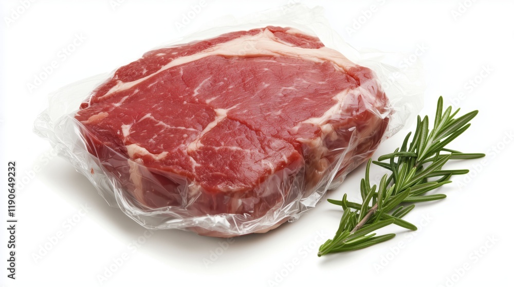 Vacuum-packed raw steak with marbling and sprig of rosemary on white background creating an elegant display of high-quality meat Vacuum-packed raw steak with marbling and sprig of rosemary on white background creating an elegant display of high-quality meat