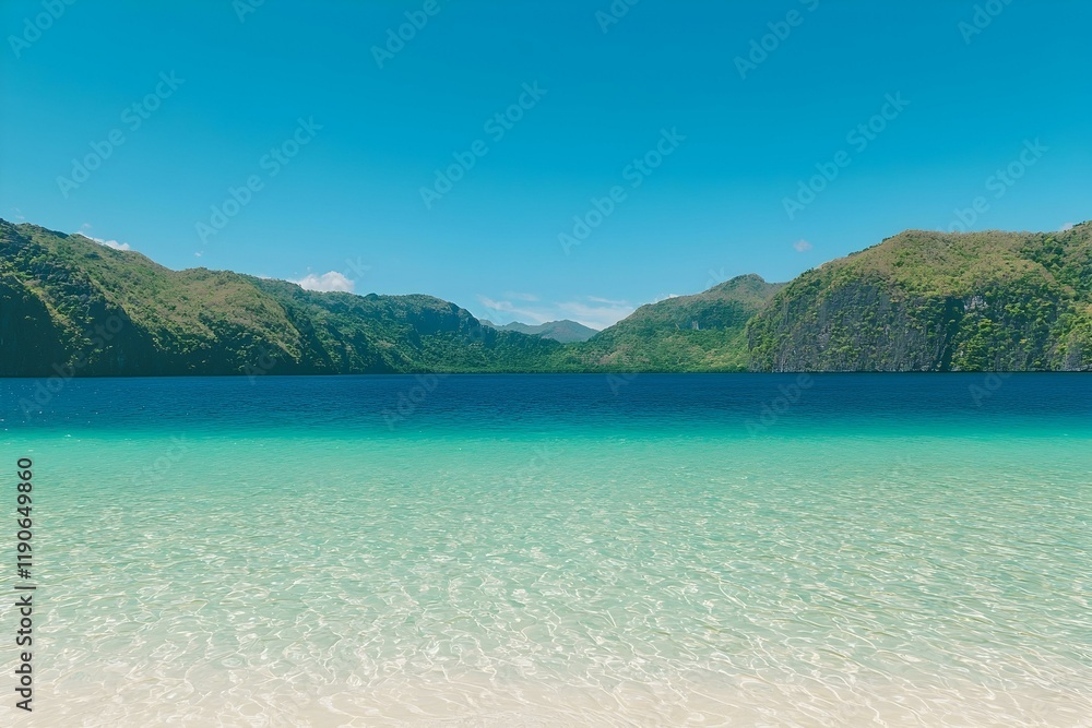 Serene tropical beach scene with crystal-clear turquoise water and lush green mountains under a vibrant blue sky. Perfect for travel, vacation, or nature-themed projects. Serene tropical beach scene with crystal-clear turquoise water and lush green mountains under a vibrant blue sky. Perfect for travel, vacation, or nature-themed projects.