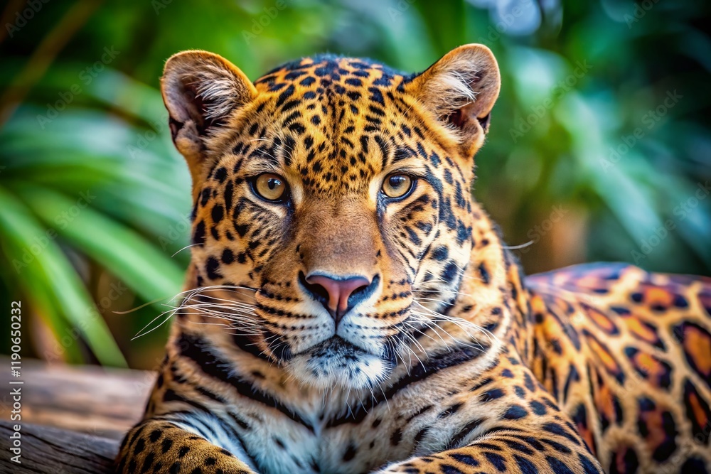 Obraz premium Majestic Leopard Resting in Zoo Enclosure - Wildlife Photography