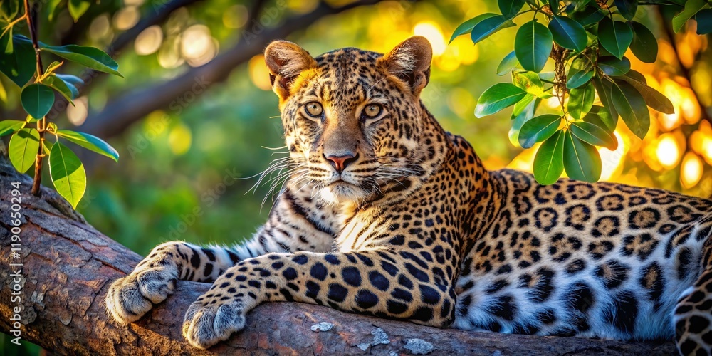 Naklejka premium Majestic Leopard Resting in Tree, Wild African Cat in Natural Habitat