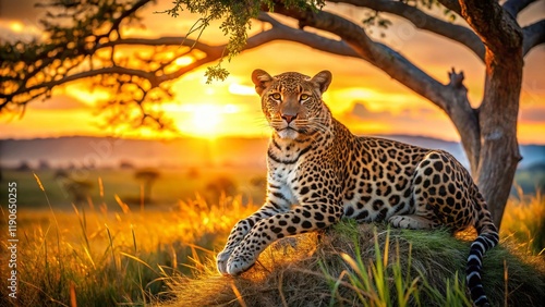 Majestic Leopard Resting in African Acacia Tree, Savannah Sunset Landscape