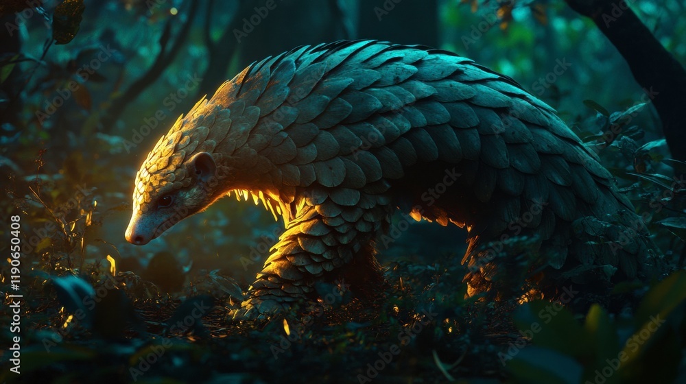 A stunning image of a pangolin walking through the underbrush at dusk, its scales glowing in the dim light A stunning image of a pangolin walking through the underbrush at dusk, its scales glowing in the dim light