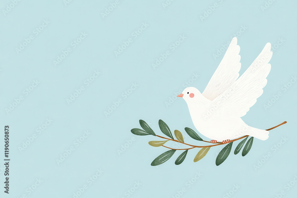 Fototapeta premium White dove illustration perched on a olive branch with light blue background