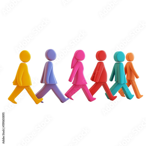 Colorful 3D Figures Walking in a Row: A Vibrant Representation of Unity and Movement photo