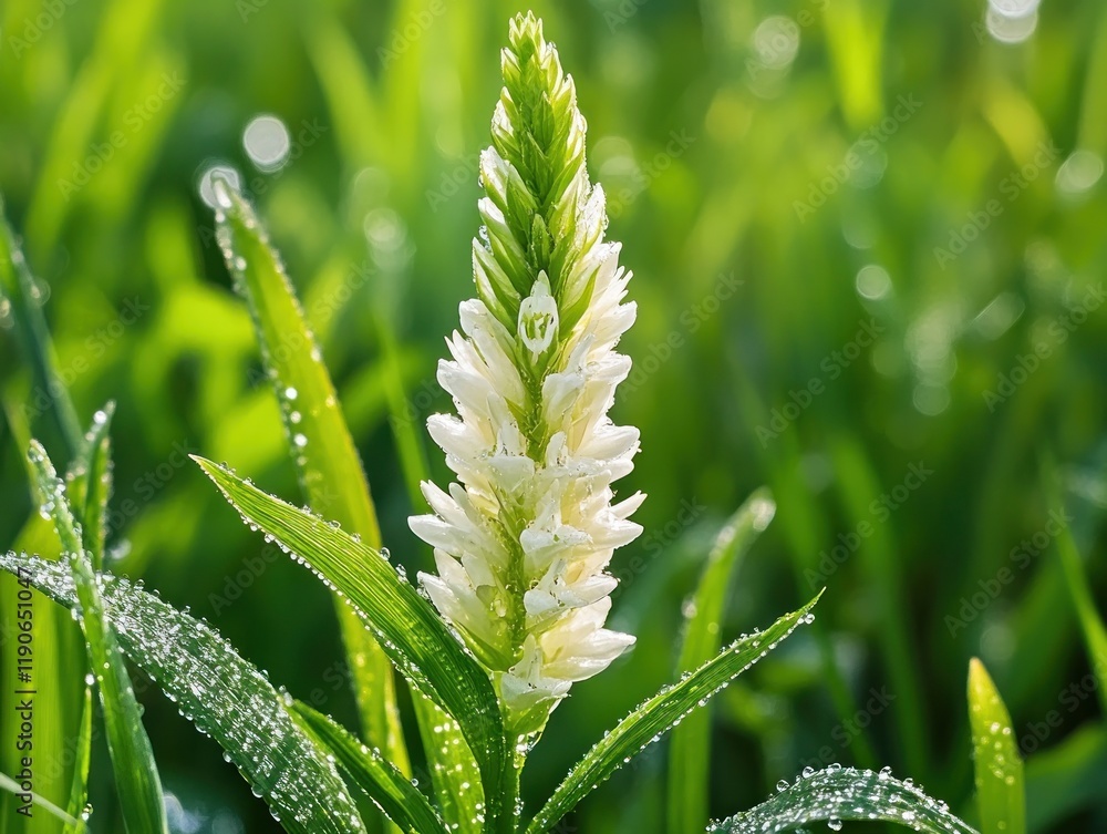 Fototapeta premium A macro shot of a single tiny white wildflower nestled among dewy green grass blades, highlighting its delicate beauty.