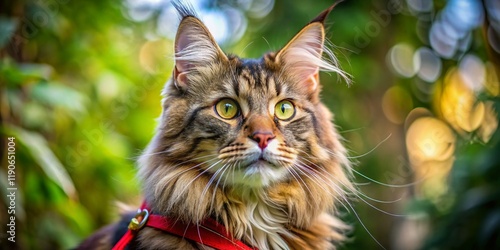 Majestic Maine Coon Cat with Red Leash and Bell - Intense Gaze, Macro Photography