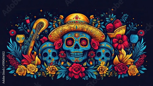 Colorful line art depicts Mexican symbols like skulls, sombreros, and mariachi instruments in an oval shape, celebrating Spanish culture