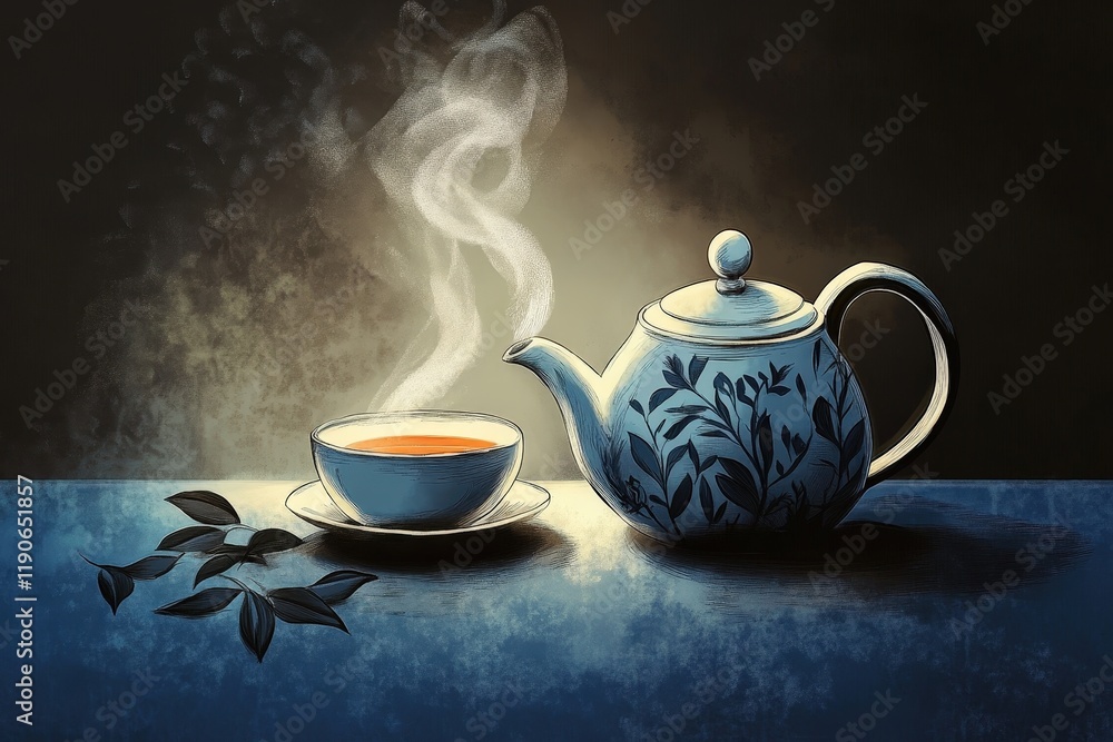 A serene depiction of a teapot with steam rising, surrounded by a cup and tea leaves