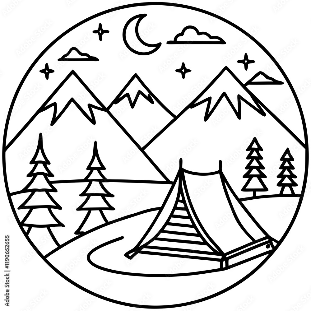 Fototapeta premium Scenic Camping Vectors in Line Art