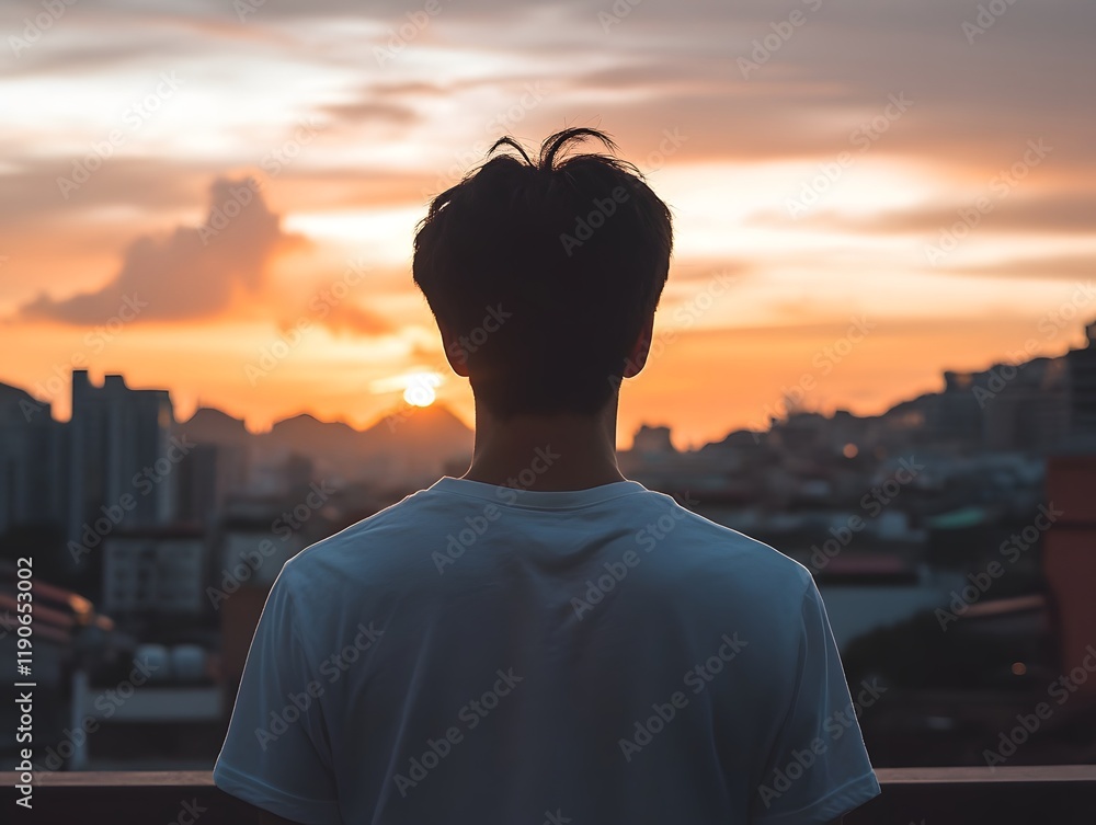 Fototapeta premium Man Watching Sunset Cityscape Back View Silhouette