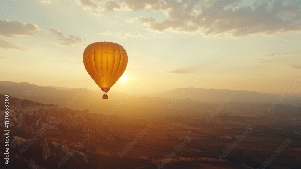 Solo hot air balloon flight soaring over breathtaking landscapes during golden hour in the vast wilderness