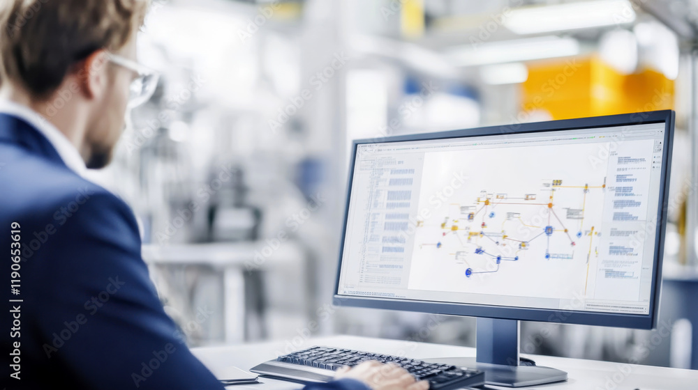 Fototapeta premium Engineer analyzing industrial data and automation system on office computer screen