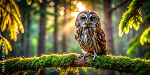 Majestic Owl Perched on Forest Branch - Macro Photography photo